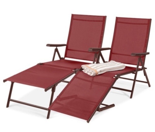 Set of 2 Outdoor Patio Chaise Recliner Lounge Chairs w/ Rust-Resistant Frame, Red - Lot 686