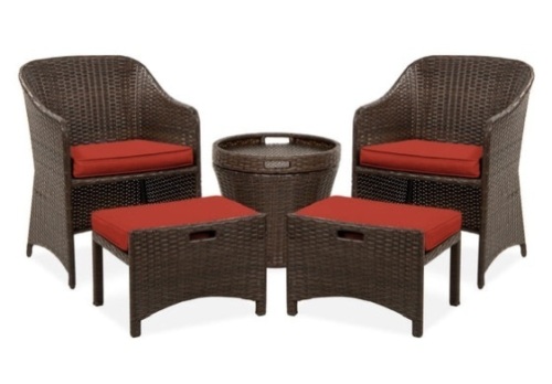 5-Piece Outdoor Wicker Bistro Set w/ Side Storage Table, No Assembly, Red - Lot 689