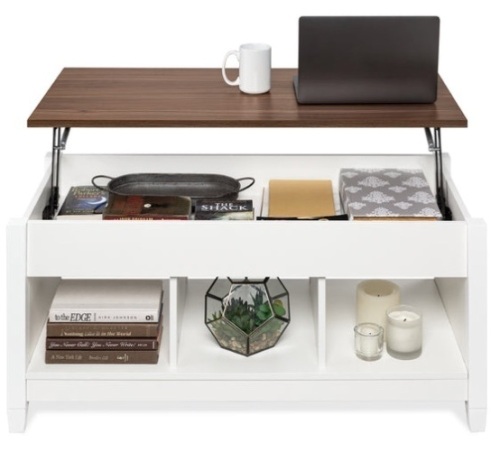 Multifunctional Lift Top Coffee Table w/ Hidden Storage, 3 Cubbies, White - Lot 695