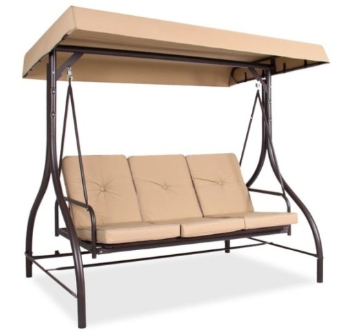 3-Seat Outdoor Canopy Swing Glider Furniture w/ Converting Flatbed Backrest, Tan - Lot 701