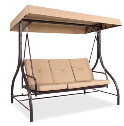 3-Seat Outdoor Canopy Swing Glider Furniture w/ Converting Flatbed Backrest, Tan - Lot 702