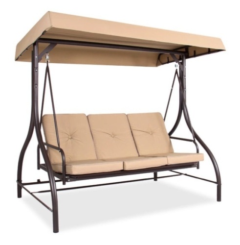 3-Seat Outdoor Canopy Swing Glider Furniture w/ Converting Flatbed Backrest, Tan - Lot 703