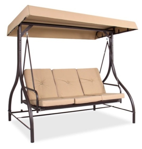 3-Seat Outdoor Canopy Swing Glider Furniture w/ Converting Flatbed Backrest, Tan - Lot 704