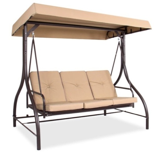 3-Seat Outdoor Canopy Swing Glider Furniture w/ Converting Flatbed Backrest, Tan - Lot 707
