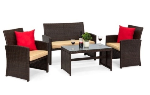 4-Piece Outdoor Wicker Conversation Patio Set w/ 4 Seats, Glass Table Top, Brown/Beige - Lot 709