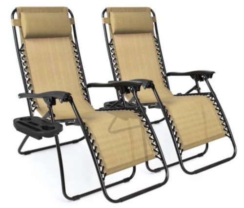Set of 2 Adjustable Zero Gravity Patio Chair Recliners w/ Cup Holders, Beige - Lot 713