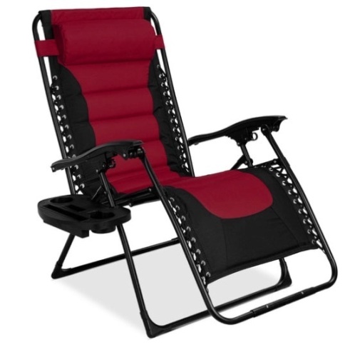 Oversized Padded Zero Gravity Chair, Folding Recliner w/ Headrest, Side Tray, Burgundy - Lot 715