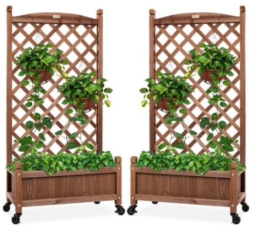 Set of 2 Wood Planter Box & Lattice Trellis w/ Optional Wheels - 48in - Lot 720