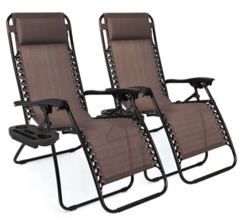 Set of 2 Adjustable Zero Gravity Patio Chair Recliners w/ Cup Holders, Brown - Lot 726