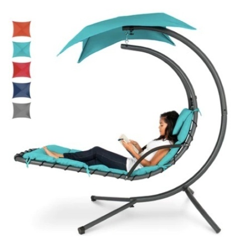 Hanging Curved Chaise Lounge Chair w/ Built-In Pillow, Removable Canopy, Blue - Lot 511