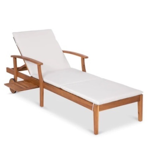 Adjustable Acacia Wood Chaise Lounge Chair w/ Side Table, Wheels, 79x26in, Cream - Lot 514