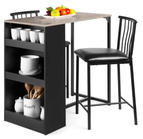 3-Piece Counter Height Kitchen Dining Table Set w/ Storage Shelves, Gray - Lot 732