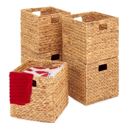Set of 5 Collapsible Hyacinth Storage Baskets w/ Inserts - 12x12in, Natural - Lot 736