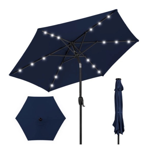 Outdoor Solar Patio Umbrella w/ Push Button Tilt, Crank Lift - 7.5ft, Navy Blue - Lot 743