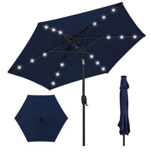 Outdoor Solar Patio Umbrella w/ Push Button Tilt, Crank Lift - 7.5ft, Navy Blue - Lot 747