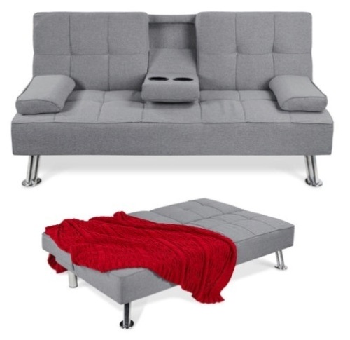Linen Upholstered Convertible Sofa Bed Futon w/ 2 Cupholders, Gray - Lot 750