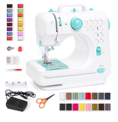 6V Portable Foot Pedal Sewing Machine w/ 12 Stitch Patterns, Teal - Lot 752