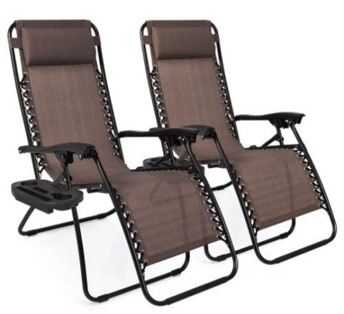 Set of 2 Adjustable Zero Gravity Patio Chair Recliners w/ Cup Holders, Brown - Lot 755