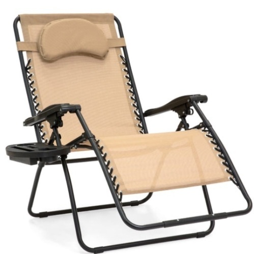 Oversized Reclining Zero Gravity Chair Lounger w/ Cup Holder, Pillow, Tan - Lot 756