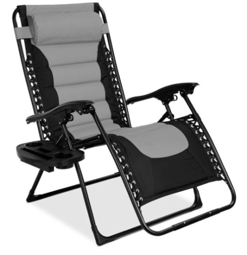 Oversized Padded Zero Gravity Chair, Folding Recliner w/ Headrest, Side Tray, Gray/Black - Lot 760