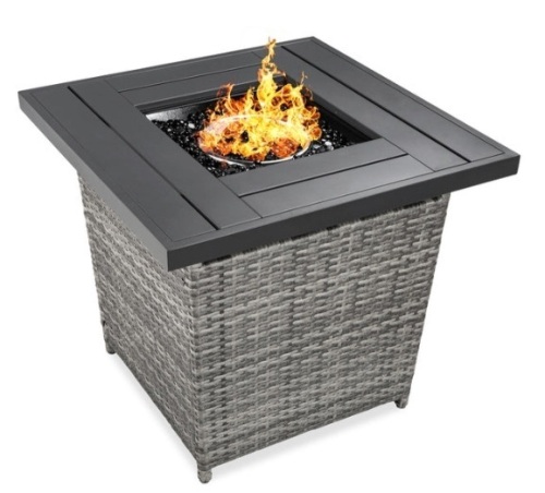 28in Fire Pit Table 50,000 BTU Wicker Propane w/ Faux Wood Tabletop, Cover, Gray - Lot 761