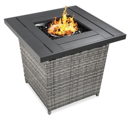 28in Fire Pit Table 50,000 BTU Wicker Propane w/ Faux Wood Tabletop, Cover, Gray - Lot 765