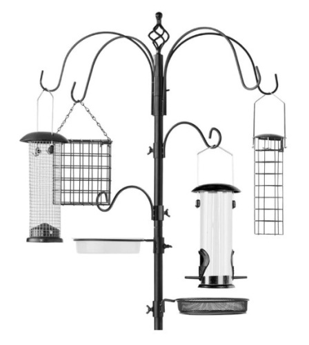 Bird Feeding Station, 6-Hook Steel Multi-Feeder Stand w/ 4 Feeders - 89in, Black - Lot 768
