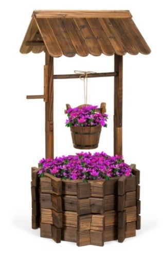 Rustic Wooden Wishing Well Planter Yard Decoration w/ Hanging Bucket - Lot 773