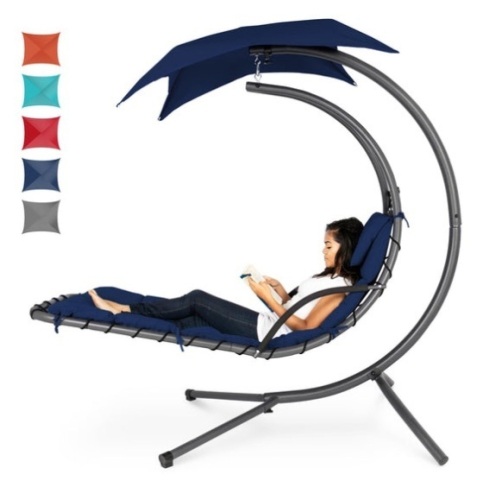 Hanging Curved Chaise Lounge Chair w/ Built-In Pillow, Removable Canopy, Navy Blue - Lot 774
