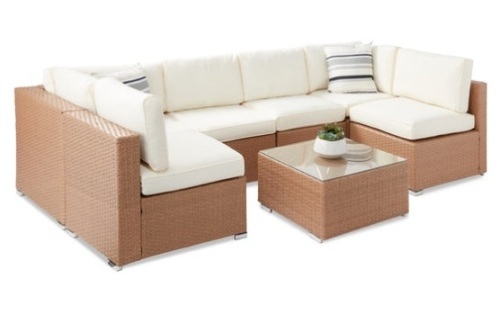 7-Piece Modular Wicker Sectional Conversation Set w/ 2 Pillows, Cover, Natural/Ivory - Lot 785