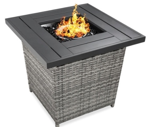 28in Fire Pit Table 50,000 BTU Wicker Propane w/ Faux Wood Tabletop, Cover, Gray - Lot 787