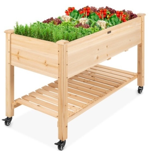 Mobile Raised Garden Bed Elevated Wood Planter w/ Wheels, Storage Shelf - Lot 792