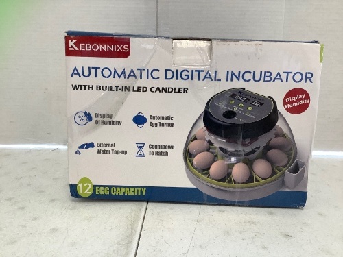 KEBONNIXS 12 Egg Incubator, Powers Up, E-Commerce Return, Retail 89.99 - Lot 456