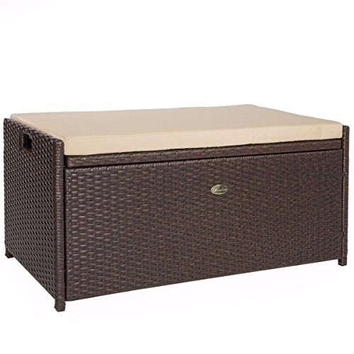 Barton Outdoor Storage Bench Rattan Style with Seat Cushion, Brown - Appears New  - Lot 149