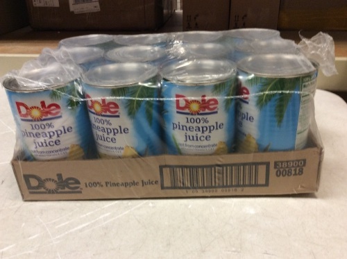 Dole 100% Pineapple Juice, 46 fl oz Cans, 12 Pack - New - Lot 119