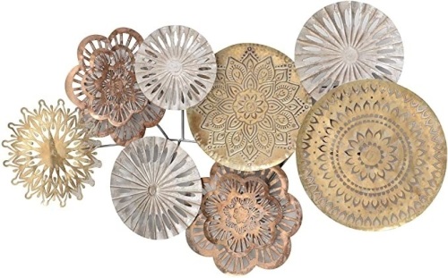 Modernist Floating Attached Rounds, Gold, Silver and Copper, Burst, Zig-Zag, and Chantilly Lace Pattern Details, Hand Welded and Painted, Iron, 43.75 L x 23.5 H Inches - Appears New   - Lot 115