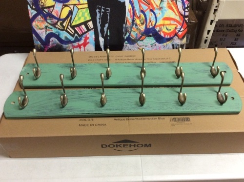 Lot of (3) Dokehom 6-Antique Brass Hooks on Natural Pine Wooden Coat Rack Hanger, Mediterranean Blue, Set of 2 - Appear New  - Lot 310