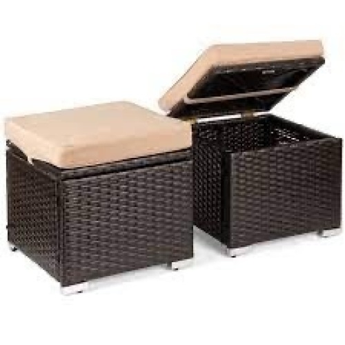 Set of 2 Wicker Ottomans, Multipurpose w/ Removable Cushions, Steel Frame - Lot 711