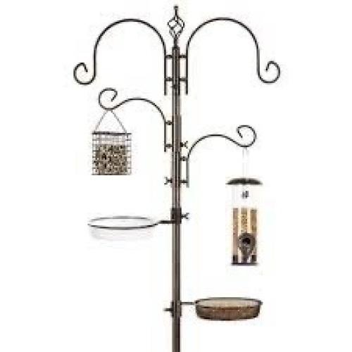 4-Hook Bird Feeding Station, Steel Feeder Stand w/ 2 Bird Feeders - 91in - Lot 727