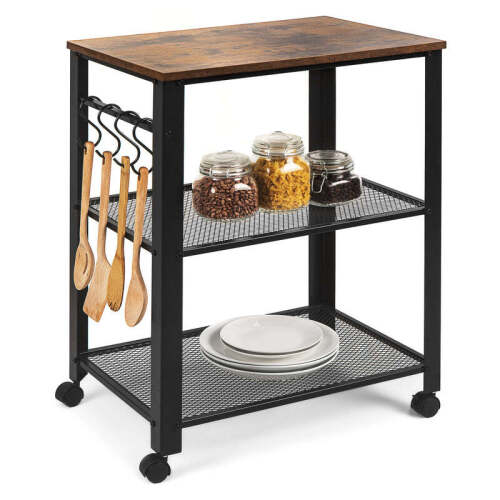 3-Tier Microwave Cart Rolling Utility Serving Cart w/ 2 Shelves, 4 Hooks - Lot 779