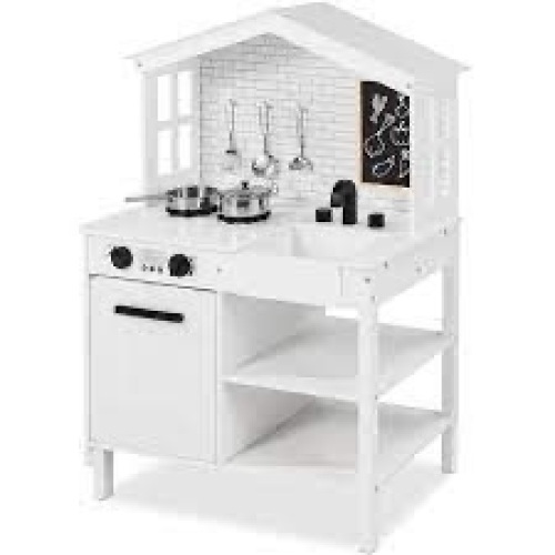 Kids Farmhouse Play Kitchen w/ Chalkboard, Storage Shelves, 5 Accessories - Lot 825