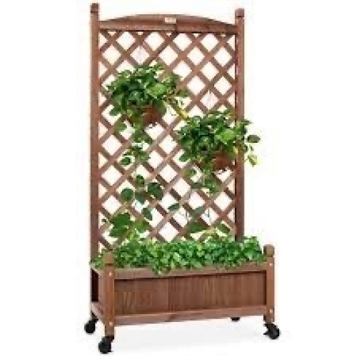 Wood Planter Box & Lattice Trellis w/ Drainage, Optional Wheels - 48in - Lot 850