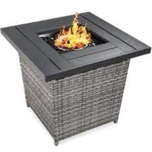 28in Fire Pit Table 50,000 BTU Wicker Propane w/ Faux Wood Tabletop, Cover - Lot 870