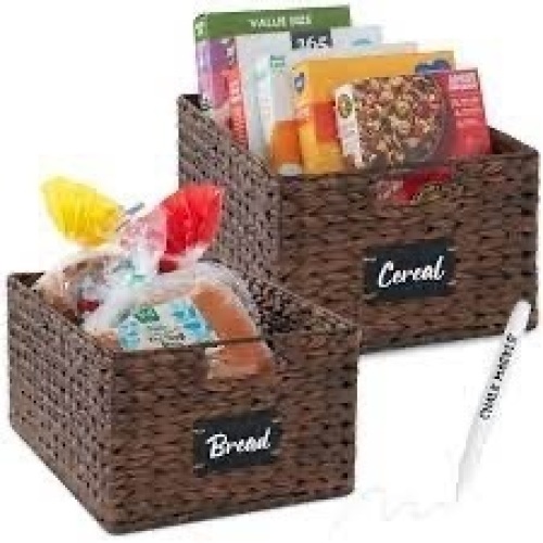 Set of 2 Water Hyancinth Pantry Baskets w/ Chalkboard, Marker - 16in - Lot 927