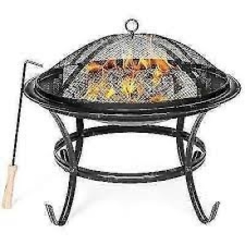 Steel Outdoor Patio Fire Pit Bowl w/ Screen Cover, Poker - 22in - Lot 947