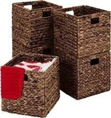 Set of 5 Collapsible Hyacinth Storage Baskets w/ Inserts - 12x12in - Lot 949