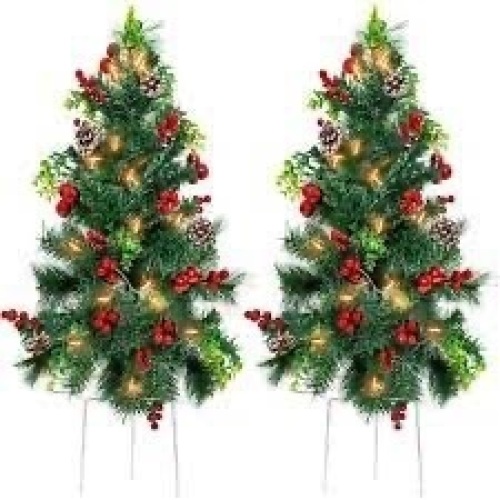 Set of 2 Pre-Lit Pathway Christmas Trees w/ Pine Cones, Timer - 24.5in - Lot 940