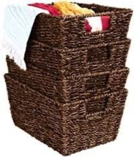 Set of 4 Seagrass Storage Tote Baskets, Laundry Organizer w/ Insert Handles - Lot 981