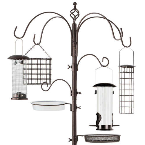Bird Feeding Station, 6-Hook Steel Multi-Feeder Stand w/ 4 Feeders - 89in - Lot 980