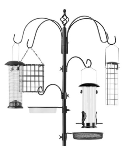 Bird Feeding Station, 6-Hook Steel Multi-Feeder Stand w/ 4 Feeders - 89in, APPEARS NEW   - Lot 59